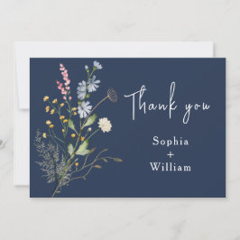 Navy Blue Waterverf Wildflower Theme Weddenschap Bedankkaart