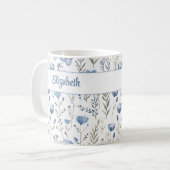 Navy Blue Waterverf Wildflowers Poppy Custom Name Koffiemok (Voorkant links)