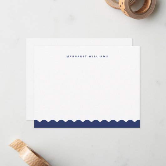 Navy Blue Wave Border Eenvoudige Minimalist Notitiekaartje (Voorkant / Achterkant in situ)