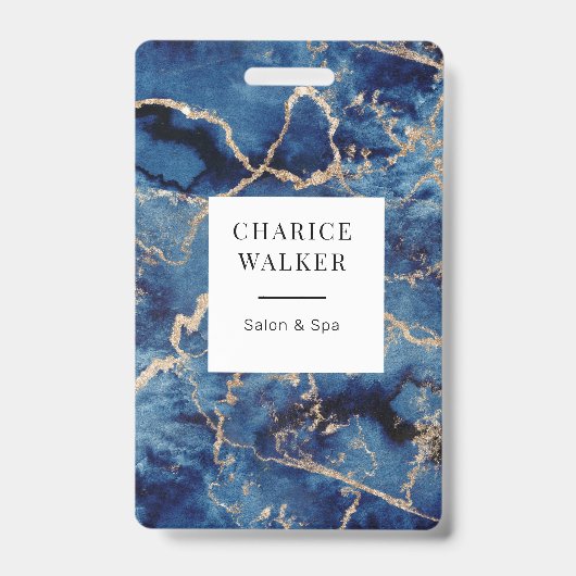 Navy Blue Waves Gold Ocean Salon Monogram Naam Badge (Voorzijde)