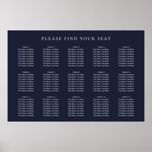 Navy Blue Wedding 15 Table Seating Chart Poster (Voorkant)