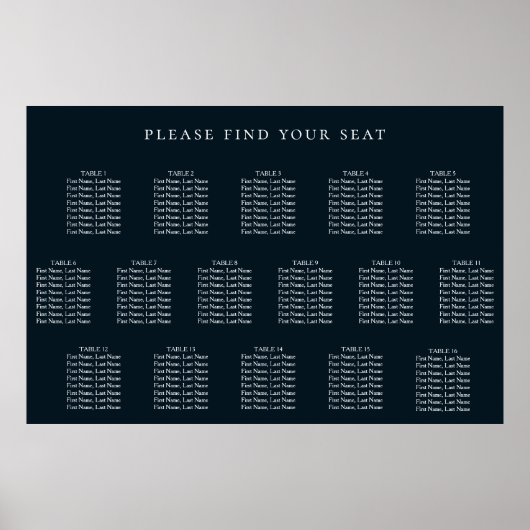 Navy Blue Wedding 16 Table Seating Chart Poster (Voorkant)