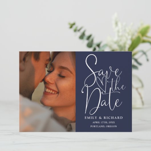 Navy Blue Wedding 2 Foto QR Code Elegant Script Save The Date (Staand voorkant)
