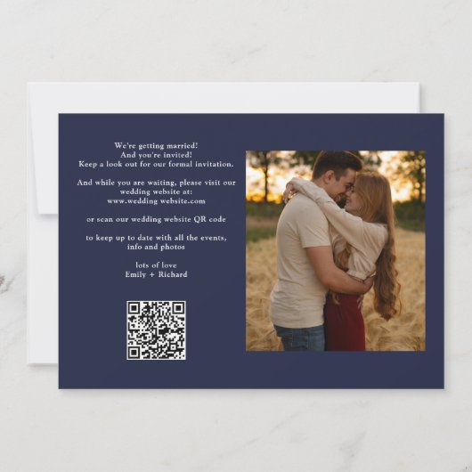 Navy Blue Wedding 2 Foto QR Code Elegant Script Save The Date (Achterkant)