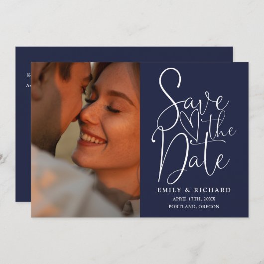 Navy Blue Wedding 2 Foto QR Code Elegant Script Save The Date (Voorkant / Achterkant)
