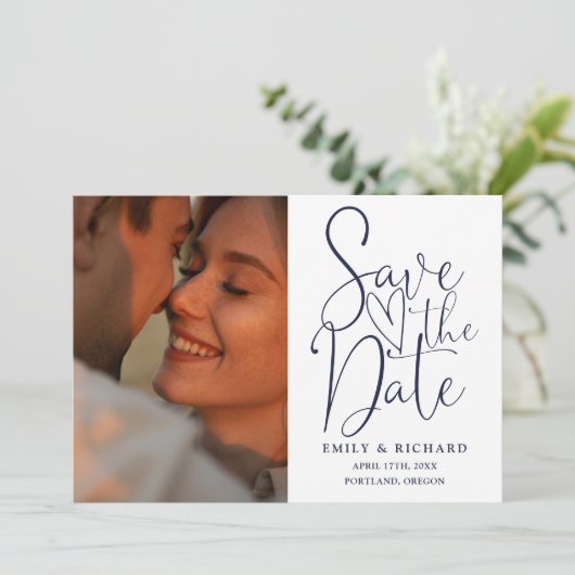 Navy Blue Wedding 2 Foto QR Code Elegant Script Save The Date (Staand voorkant)
