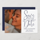 Navy Blue Wedding 2 Foto QR Code Elegant Script Save The Date (Voorkant / Achterkant)