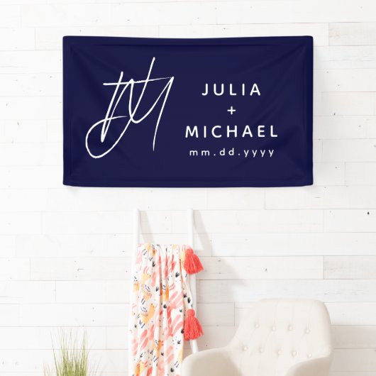 Navy Blue Wedding Banner met monogram en datum (Insitu)