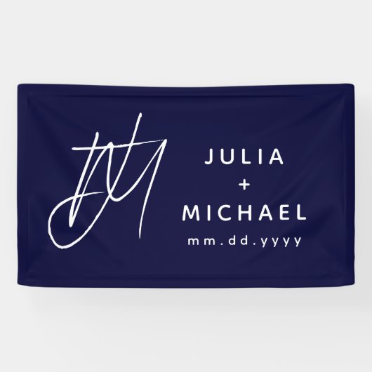 Navy Blue Wedding Banner met monogram en datum (Horizontaal)