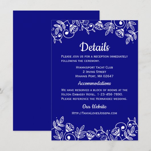 Navy Blue Wedding Details Floral Elegant Flowers Kaart (Voorkant / Achterkant)