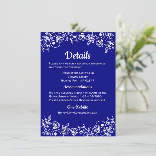 Navy Blue Wedding Details Floral Elegant Flowers Kaart (Staand voorkant)