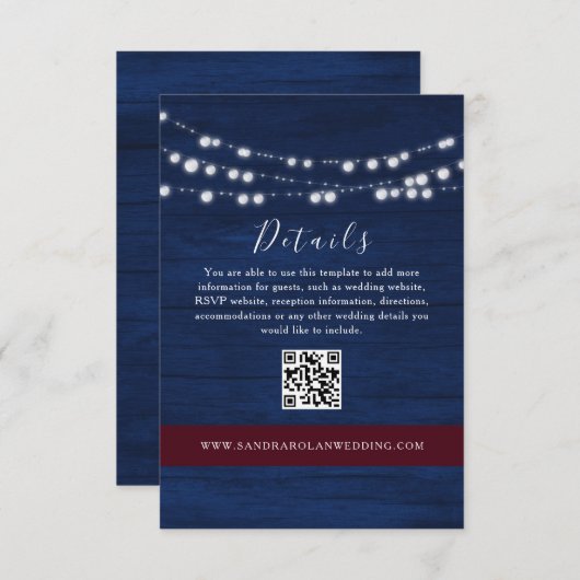 Navy Blue Wedding Details QR Code Kaart (Voorkant / Achterkant)