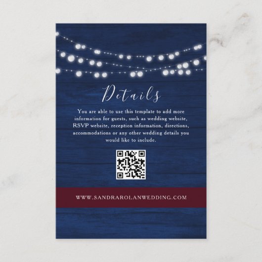 Navy Blue Wedding Details QR Code Kaart (Voorkant)