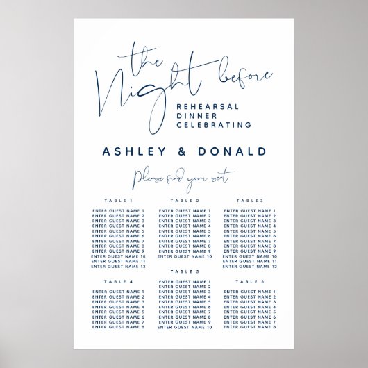 Navy Blue, Wedding Dinner Guest Seating Charts Poster (Voorkant)