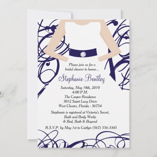 Navy Blue Wedding Dress Bridal Shower Kaart (Voorkant)