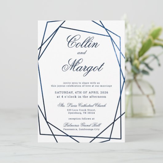 Navy Blue Wedding Geometric Lijst Aankondiging (Staand voorkant)