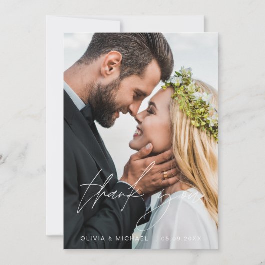 Navy Blue Wedding Handgeschreven Dank u 2 foto's Bedankkaart (Voorkant)