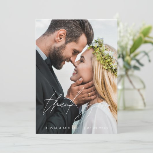 Navy Blue Wedding Handgeschreven Dank u 2 foto's Bedankkaart (Staand voorkant)