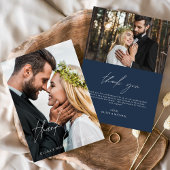 Navy Blue Wedding Handgeschreven Dank u 2 foto's Bedankkaart