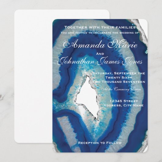 Navy Blue Wedding Invitation | Elegant Agate Kaart (Voorkant / Achterkant)