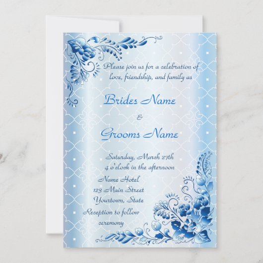 Navy Blue Wedding Invitation on Lace Ice-blue Kaart (Voorkant)