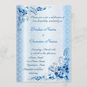 Navy Blue Wedding Invitation on Lace Ice-blue Kaart