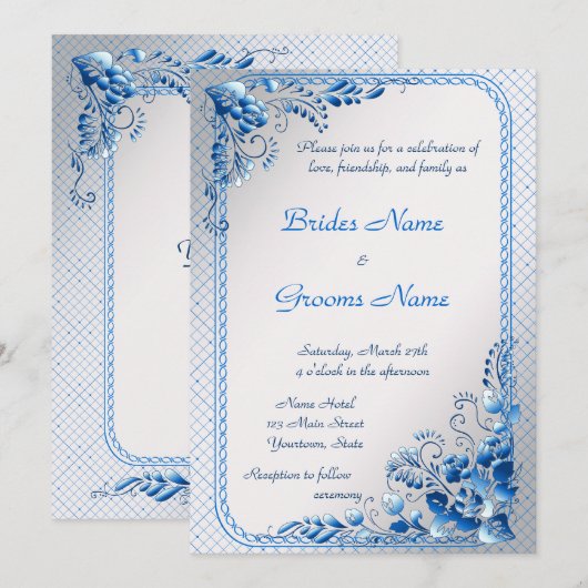 Navy Blue Wedding Invitation on styled Silver Kaart (Voorkant / Achterkant)