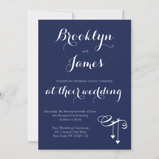 Navy Blue Wedding Invitting Hearts Kaart (Voorkant)