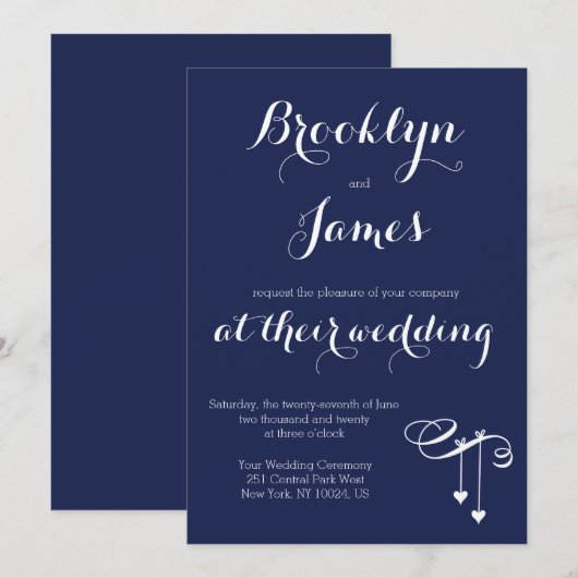 Navy Blue Wedding Invitting Hearts Kaart (Voorkant / Achterkant)