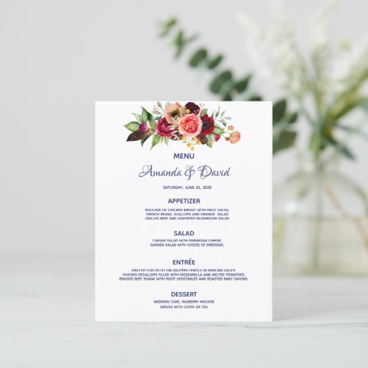 Navy blue Wedding Menu-bloemen, wit gebergte (Staand voorkant)