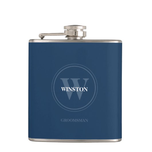 Navy Blue Wedding Monogram Groomsmen Heupfles (Voorkant)