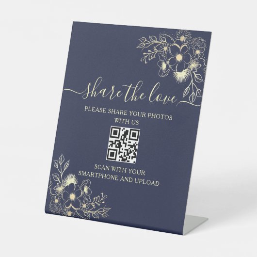 Navy Blue Wedding QR Code Sign - Deel de liefde Reclamebord Met Voetstuk (Voorkant)
