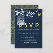 Navy Blue Wedding RSVP Kaart  vogelkooi (Voorkant / Achterkant)