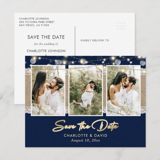 Navy Blue Wedding Save the Date Photo Briefkaarten (Voorkant / Achterkant)