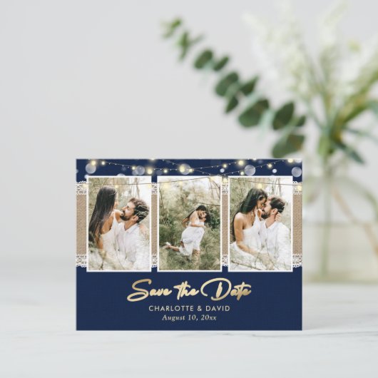 Navy Blue Wedding Save the Date Photo Briefkaarten (Staand voorkant)
