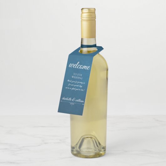Navy Blue Wedding Welcome Bottle Hanger Label (Schuin)