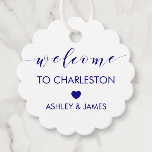 Navy Blue Wedding Welcome Gift Label voor hotelgas (Voorkant)
