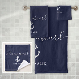 Navy Blue Welcome Aboard Nautical Anchor Boat Name Bad Handdoek