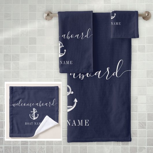 Navy Blue Welcome Aboard Nautical Anchor Boat Name Bad Handdoek