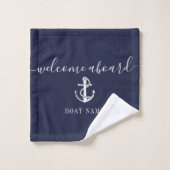 Navy Blue Welcome Aboard Nautical Anchor Boat Name Bad Handdoek (Wasdoekje)