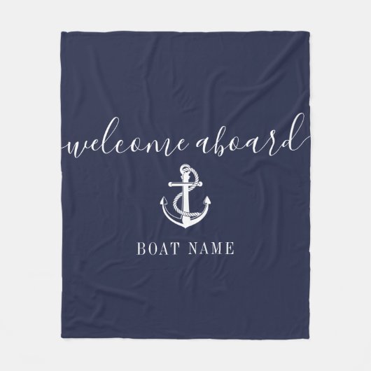 Navy Blue Welcome Aboard Nautical Anchor Boat Name Fleece Deken (Voorkant)