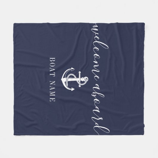 Navy Blue Welcome Aboard Nautical Anchor Boat Name Fleece Deken (Voorkant (Horizontaal))