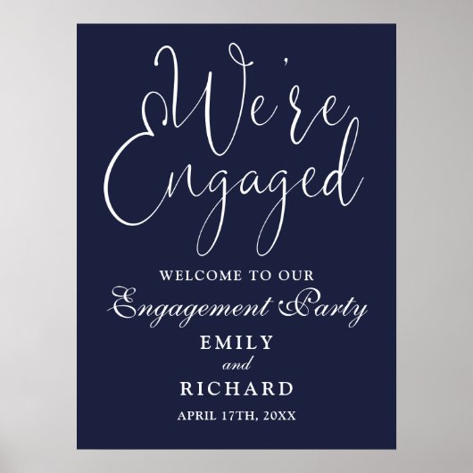 Navy Blue We're Engaged Verloving Welkom Teken Poster (Voorkant)