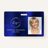 Navy Blue Werknemersnaam Logo Foto Zakelijk werk Badge (Voorkant)