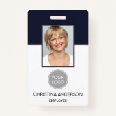 Navy Blue Werknemersnaam Logo Foto Zakelijk werk Badge (Voorkant)