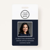 Navy Blue Werknemersnaam Logo Foto Zakelijk werk Badge (Voorkant)