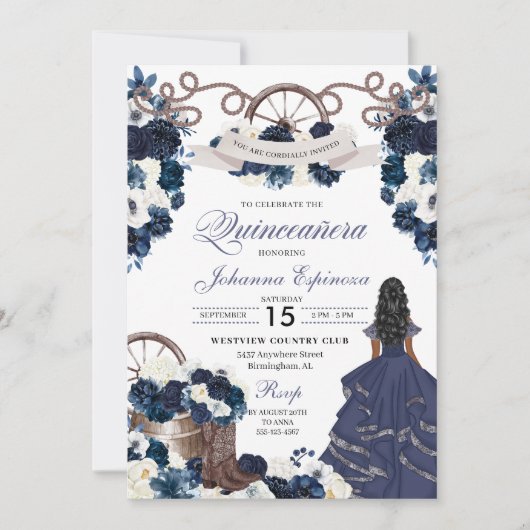 Navy Blue Western Ranchero Quinceanera Kaart (Voorkant)