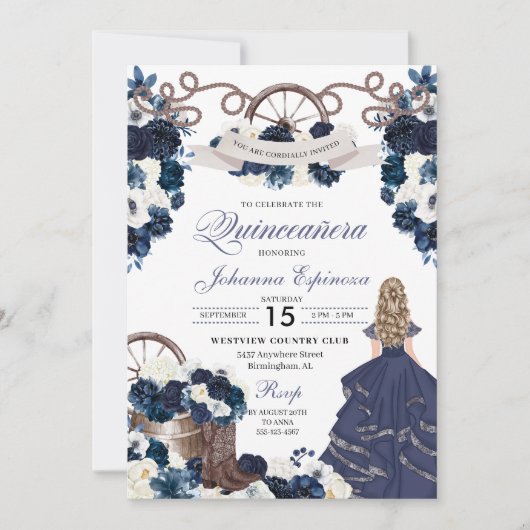 Navy Blue Western Ranchero Quinceanera Kaart (Voorkant)