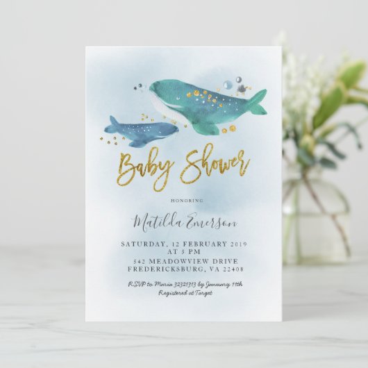 Navy Blue Whale Baby shower Invitation Kaart (Staand voorkant)