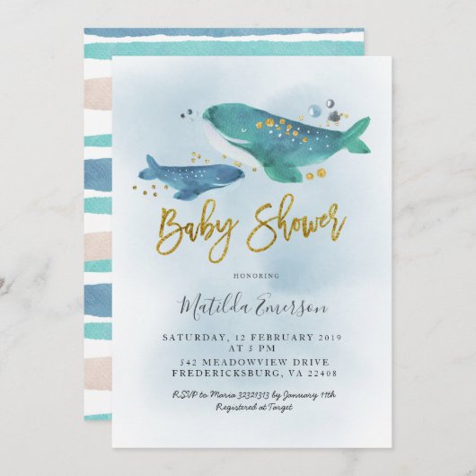 Navy Blue Whale Baby shower Invitation Kaart (Voorkant / Achterkant)